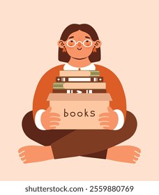 Young woman sitting cross-legged on the floor and holding box with books. Vector naive clip art with girl, who loves reading book. Bookworm concept. Illustration with female cartoon character.