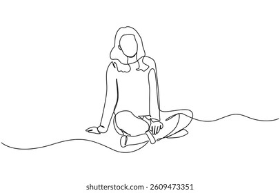 Young woman sitting cross-legged on the floor. Continuous line art drawing, Girl sitting high with dangling feet in continuous line art drawing style.