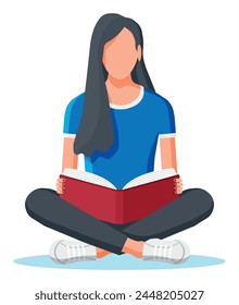 Mujer joven sentada con las piernas cruzadas y leer un libro. Niña en pose de loto con libro. Trabajo creativo o estudio, concepto de educación. Se prepara para los exámenes. Estudiante con libro de texto. Ilustración vectorial plana de dibujos animados