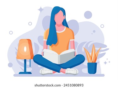 Mujer joven sentada con las piernas cruzadas y leer un libro. Niña en pose de loto con libro. Trabajo creativo o estudio, concepto de educación. Se prepara para los exámenes. Estudiante con libro de texto. Ilustración vectorial plana de dibujos animados