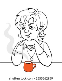 Young woman sitting with a cup of tea. In cartoon style. Black and white picture with a red accent. For coloring book. Vector  illustration.
