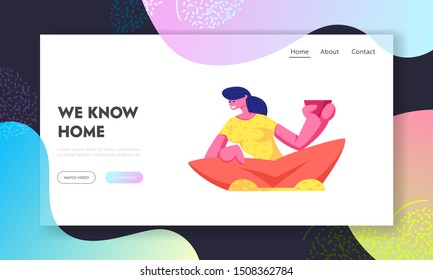 Young Woman Sitting with Cup of Tea or Coffee in Hand at Home Website Landing Page. Female Character Relaxing after Work, Having Leisure, Sparetime Web Page Banner. Cartoon Flat Vector Illustration