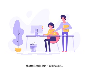 Young woman is sitting at a desk with computer and her boss is pointing to a screen and giving task. Office business concept. Modern vector illustration.