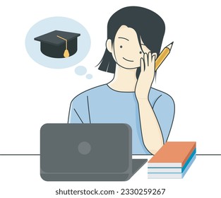 Young woman sitting at desk in front laptop, holding pencil, doing assignment, thinking graduation. Online education, online study concept. 2d vector people character illustration