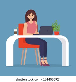 Young woman sitting at a desk with a laptop. Office worker, businesswoman. Flat vector illustration.