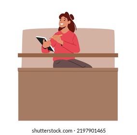 Young Woman Sitting at Desk with Notepad in University Hall Making Notes and Pass Examination. Student Girl Character Learning. Education in University or College Concept. Cartoon Vector Illustration