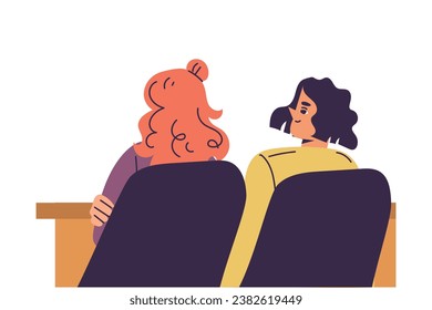 Young Woman Sitting at Desk on Chair Back View Vector Illustration