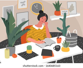 Young woman sitting at desk in scandinavian interior with homeplants and thinking what to write on white paper. Creativity crisis, go thought work start problem or learning. Cartoon vector