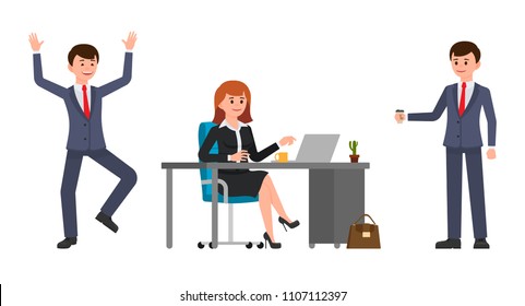 Young woman sitting at the desk, using laptop. Young man holding coffee, happily laughing. Vector illustration of cartoon character casual working day 