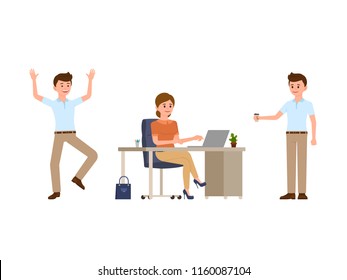 Young woman sitting at the desk, using laptop. Young man holding coffee, happily laughing. Cartoon character casual look