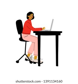 Young Woman Sitting at Desk and Working on Laptop Computer, Freelance or Social Network Concept Vector Illustration