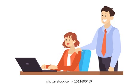 Young woman sitting at the desk and working on computer. Man standing at the worker. Office character. Vector illustration in cartoon style isolated