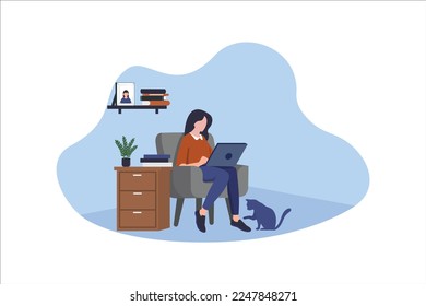 Young woman sitting at the desk and working on computer. Vector illustration in cartoon style isolated