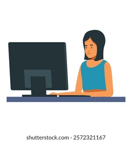 Young woman is sitting at a desk working on a desktop computer
