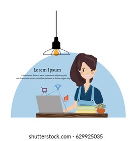 Young woman sitting in the desk  and working with laptop. Flat modern illustration of social networking and message to friends