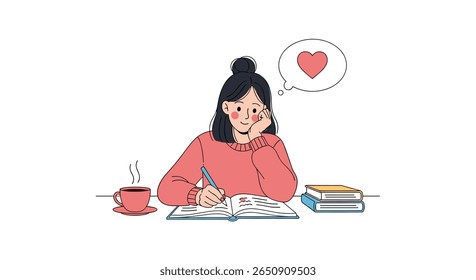Young woman sitting at a desk writing in a journal thinking of love with a cup of coffee and books nearby