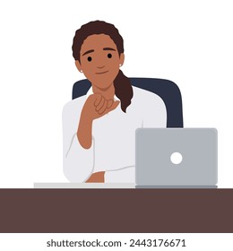 Young woman is sitting at desktop. Office employee at the workplace. Work at the laptop. Flat vector illustration isolated on white background