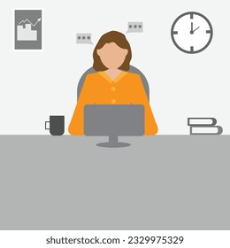 young woman is sitting at desktop. Work the computer, financial analytics. Office worker or company employee. Front side. flat Vector illustration.