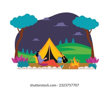 Young woman sitting enjoying the warmth from a bonfire, in her own campground, camping vector illustration.