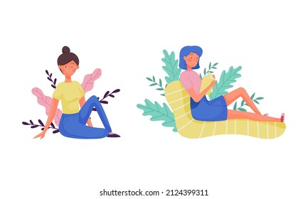 Young Woman Sitting in Foliage and Reading Book Vector Set