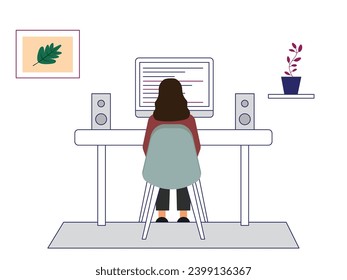 Young woman is sitting in front of the computer in the workspace, writing blogger. Character design. Vector flat illustration