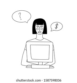 Young woman sitting in front of the laptop on white background. Freelancer, work online. Work at home. Hand drawn illustration, cartoon style.