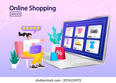 Young woman sitting in front of a laptop screen with a list of products. online shopping. Customer ratings and reviews on purchases. store with five-star rating. E commerce. internet buying. vector