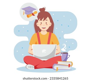 Young woman sitting in front of laptop, doing assignment, thinking graduation. Online education, online study concept. vector people character illustration