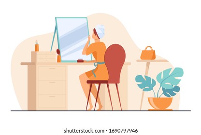 Young woman sitting in front of mirror flat vector illustration. Morning routine procedures for beauty. Skincare, washing and hygiene concept.