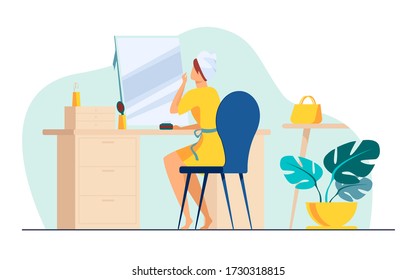 Young woman sitting in front of mirror flat vector illustration. Morning routine procedures for beauty. Skincare, washing and hygiene concept.