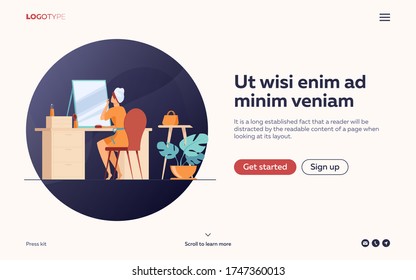 Young woman sitting in front of mirror flat vector illustration. Morning routine procedures for beauty. Skincare, washing and hygiene concept.