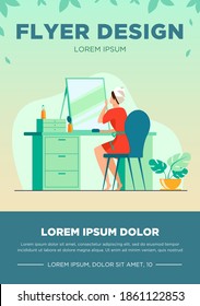 Young woman sitting in front of mirror flat vector illustration. Morning routine procedures for beauty. Skincare, washing and hygiene concept.