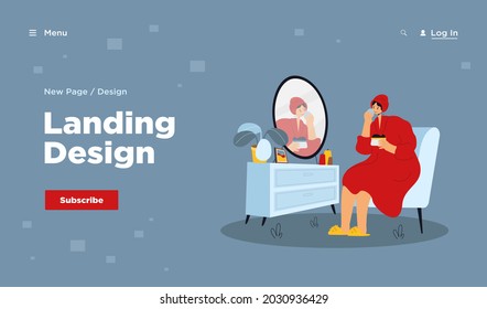 Young woman sitting in front of mirror and washing, cleansing or moisturizing her face skin in morning. Cartoon colorful vector illustration for daily personal care, hygiene, routine skincare concept