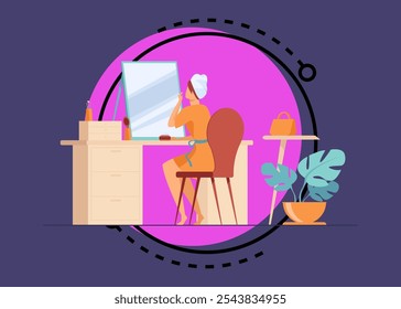 Young woman sitting in front of mirror flat vector illustration. Morning routine procedures for beauty. Skincare, washing and hygiene concept.