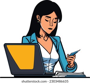 young woman sitting in front of an unbranded laptop thinking about work while holding a blue pen. papers on table, women, Gender inequality, female dominated, dominance