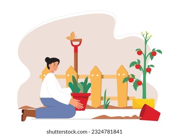 Young woman sitting for gardening holding pot to move to bigger place with tomatoes ready to harvest. Design vector. Flat illustration