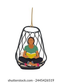 Young woman sitting in hanging chair isolated.
