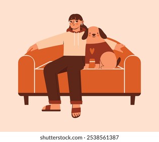 Jovem mulher sentada com seu cachorro no sofá da sala de estar. Ilustração de vetor bonito aconchegante com personagem feminino e animal de estimação doméstico. Design plano. Cartoon clip art moderno com menina e cachorrinho. Doce casa.