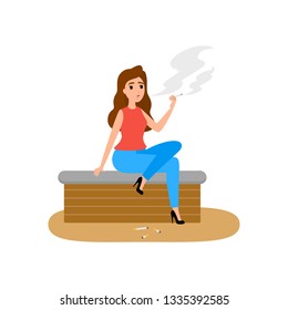 Young woman sitting, holding a cigarette and smoking. Tobacco additction and bad habit. Flat vector illustration