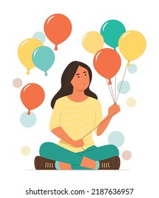 Young Woman Sitting and Holding Colorful Balloons Festive Concept Illustration