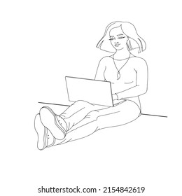 Young woman is sitting and holding laptop. Vector illustration.