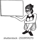 Young woman, sitting, holding sign up - hand drawn vector illustration for communicating a message | business cartoon
