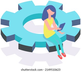 Young woman sitting holding tablet in her hands. Casual female character chilling and browsing social media on electronic device. Girl uses gadget for chatting, surfing internet, watching video