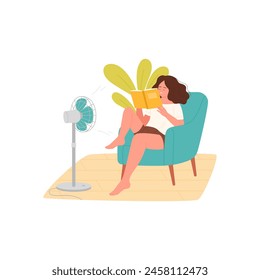 Young woman sitting in home armchair near electric fan to read book vector illustration