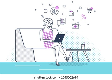 Young woman sitting at home working with laptop and using ecommerce app. Concept line vector illustration of online shopping with e-commerce icons wallet, sale, discount and cart on white background