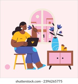 Young woman sitting at home and working on laptop. Flat style vector illustration.