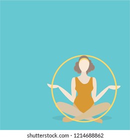 Young woman sitting with hula hoop ,relaxation after workout , balance zen and meditation . Creative cartoon character woman in lotus pose , healthy lifestyle