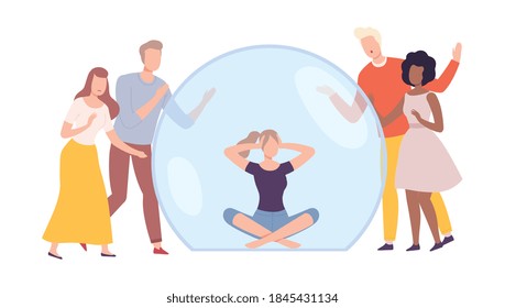 Young Woman Sitting Inside Transparent Bubble, People Trying to Reach Her, Separation from Society Concept Flat Style Vector Illustration
