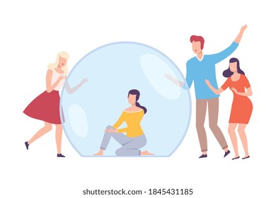 Young Woman Sitting Inside Transparent Bubble, Friends Trying to Reach Her, Separation from Society or Solitude Concept Flat Style Vector Illustration