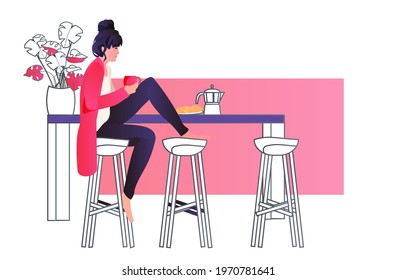 young woman sitting at kitchen and drinking coffee girl relaxing at home full length